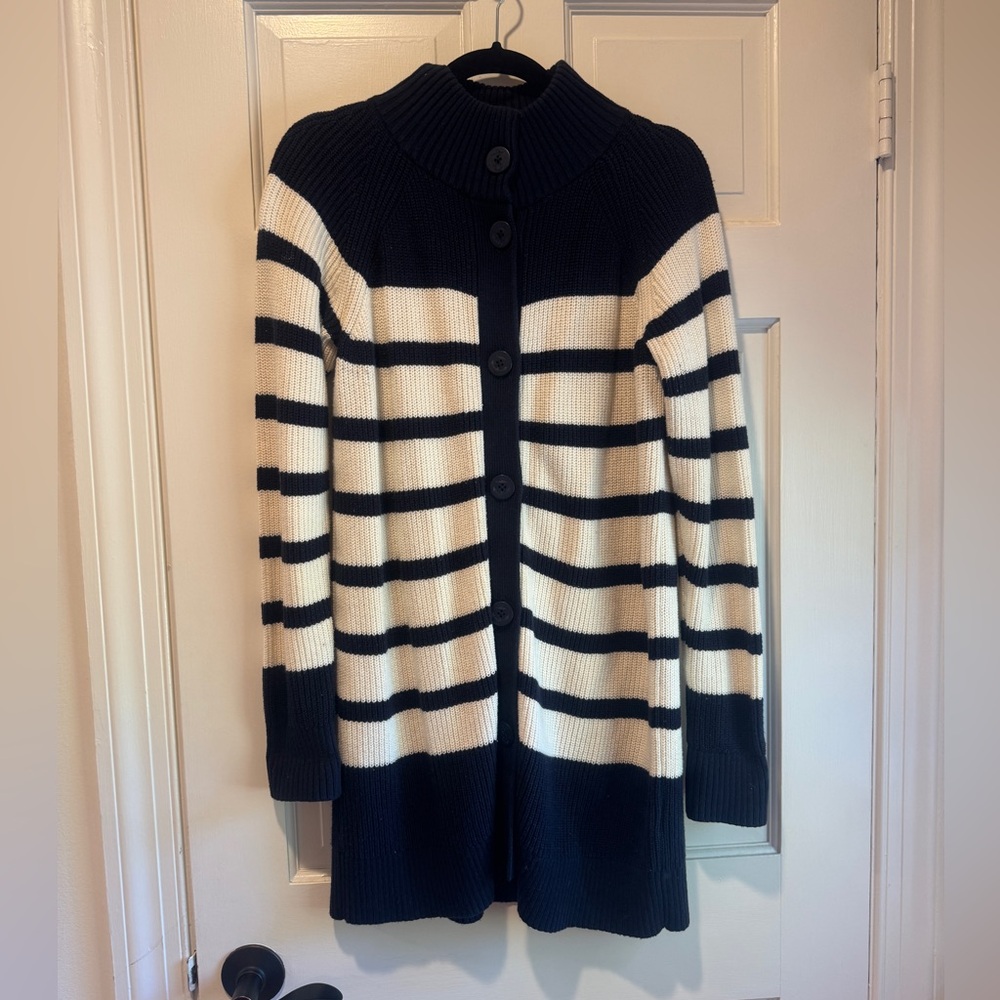 Lands' End Navy and White Striped Cardigan